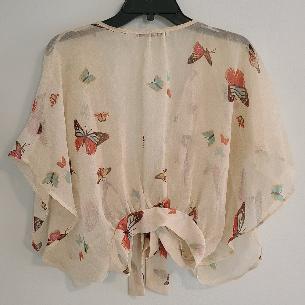 American Rag Cie Sheer Open Front Tie Waist Short Sleeve Blouse w Butterflies - Picture 2 of 4